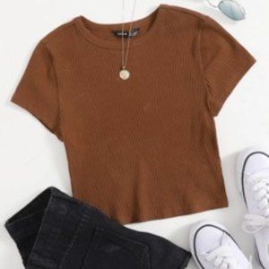 Brown Rib-knit Solid Tee